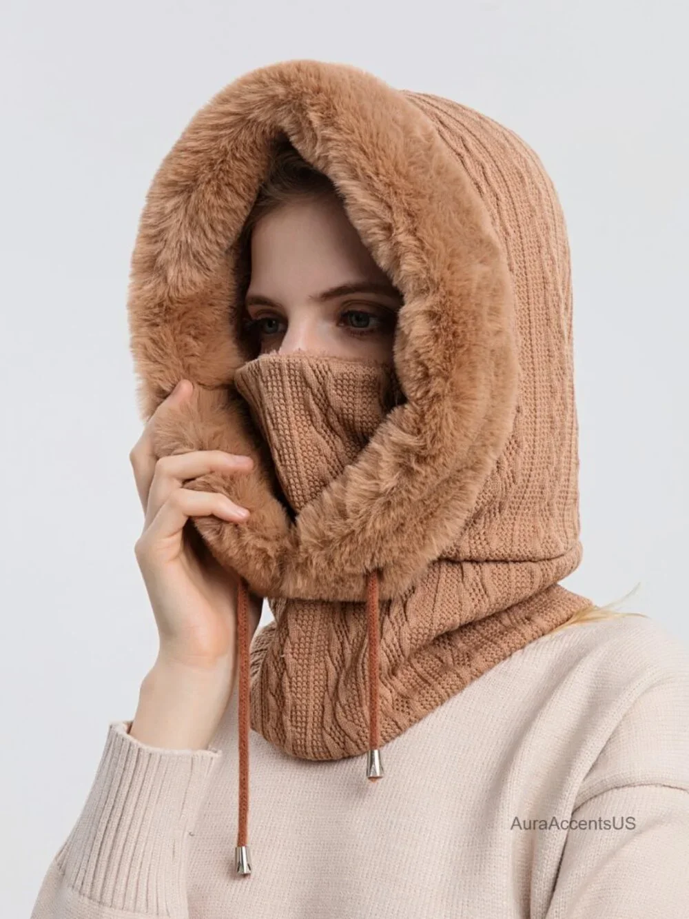 Winter Faux Fur Balaclava Beanie Scarf Mask 3-in-1 Knitted Pullover